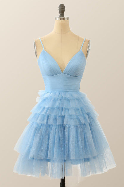 Straps Periwinkle Tiered Ruffle Short A-line Homecoming Dress