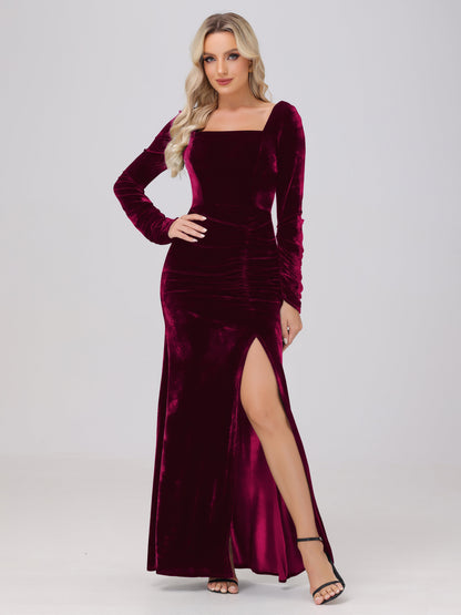 Elegant Long Sleeves Sheath Ruched Velvet Bridesmaid Dresses with Slit