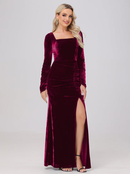 Elegant Long Sleeves Sheath Ruched Velvet Bridesmaid Dresses with Slit