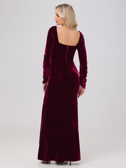 Elegant Long Sleeves Sheath Ruched Velvet Bridesmaid Dresses with Slit