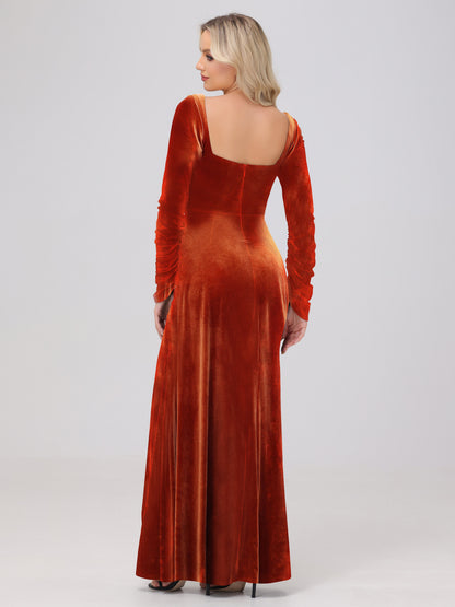 Elegant Long Sleeves Sheath Ruched Velvet Bridesmaid Dresses with Slit