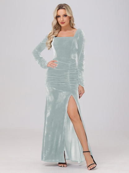 Elegant Long Sleeves Sheath Ruched Velvet Bridesmaid Dresses with Slit