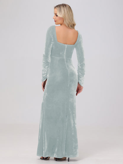 Elegant Long Sleeves Sheath Ruched Velvet Bridesmaid Dresses with Slit