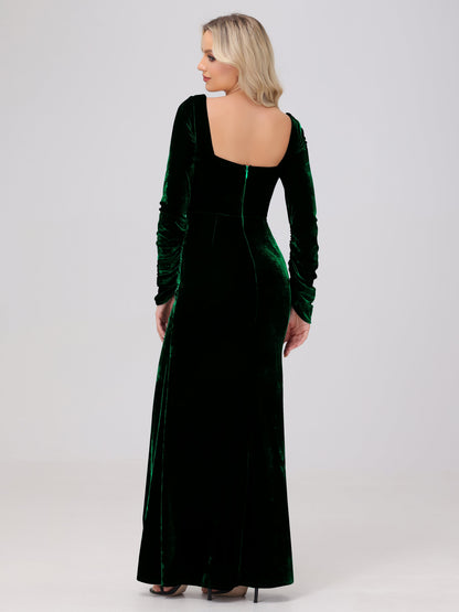 Elegant Long Sleeves Sheath Ruched Velvet Bridesmaid Dresses with Slit