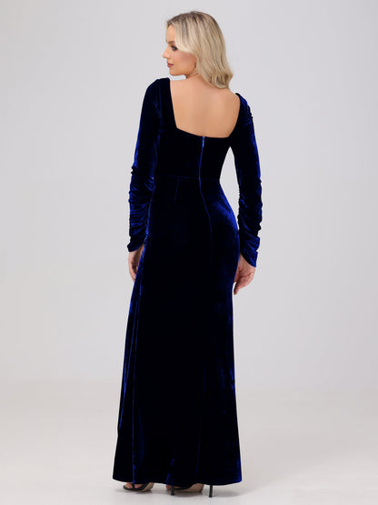 Elegant Long Sleeves Sheath Ruched Velvet Bridesmaid Dresses with Slit