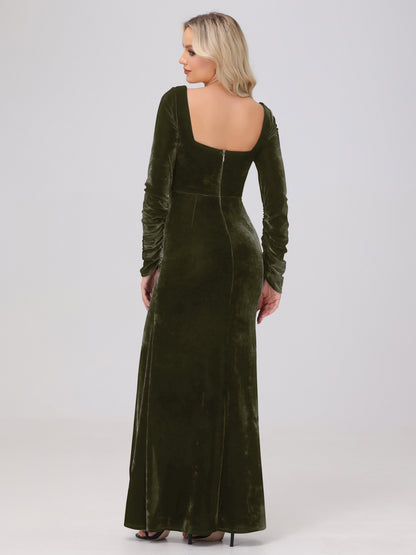 Elegant Long Sleeves Sheath Ruched Velvet Bridesmaid Dresses with Slit