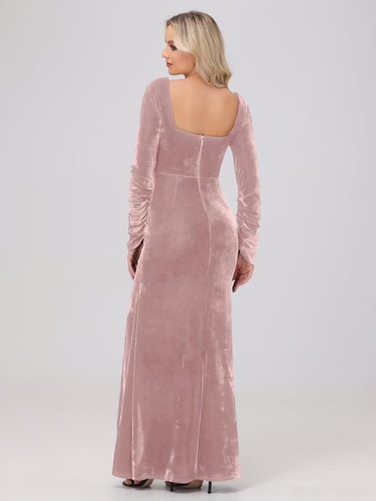 Elegant Long Sleeves Sheath Ruched Velvet Bridesmaid Dresses with Slit