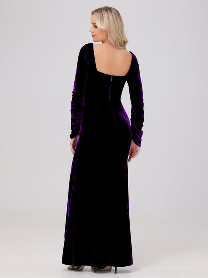 Elegant Long Sleeves Sheath Ruched Velvet Bridesmaid Dresses with Slit