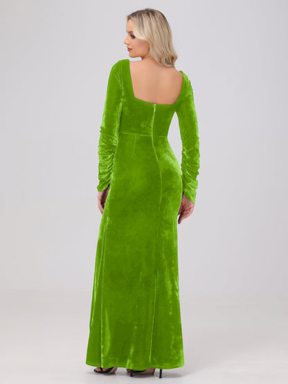 Elegant Long Sleeves Sheath Ruched Velvet Bridesmaid Dresses with Slit