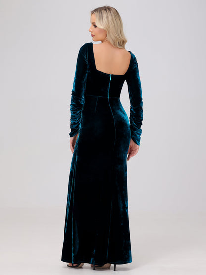 Elegant Long Sleeves Sheath Ruched Velvet Bridesmaid Dresses with Slit