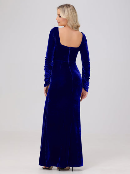 Elegant Long Sleeves Sheath Ruched Velvet Bridesmaid Dresses with Slit