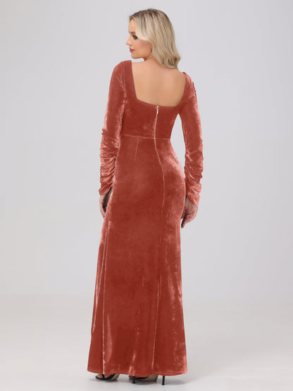 Elegant Long Sleeves Sheath Ruched Velvet Bridesmaid Dresses with Slit