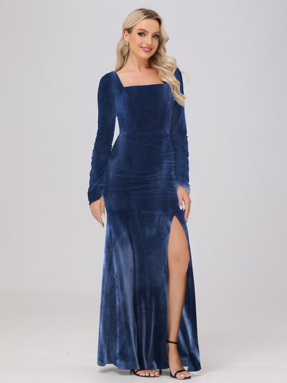 Elegant Long Sleeves Sheath Ruched Velvet Bridesmaid Dresses with Slit