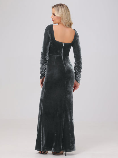 Elegant Long Sleeves Sheath Ruched Velvet Bridesmaid Dresses with Slit