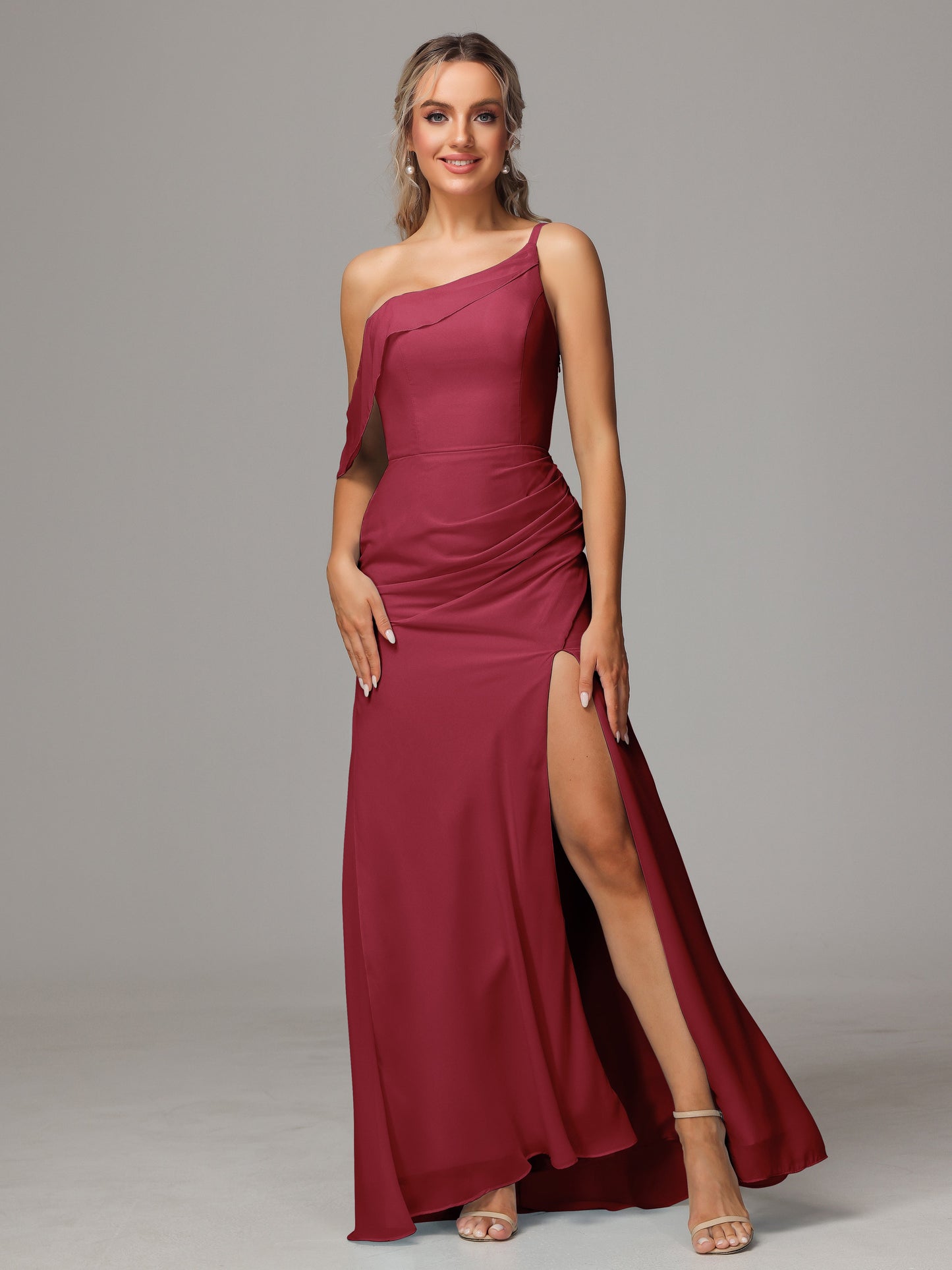 One Shoulder Off The Shoulder Chiffon Bridesmaid Dress