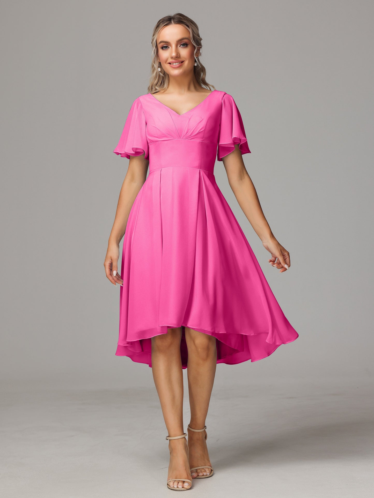 Short Sleeves V Neck Knee Length Chiffon Bridesmaid Dresses