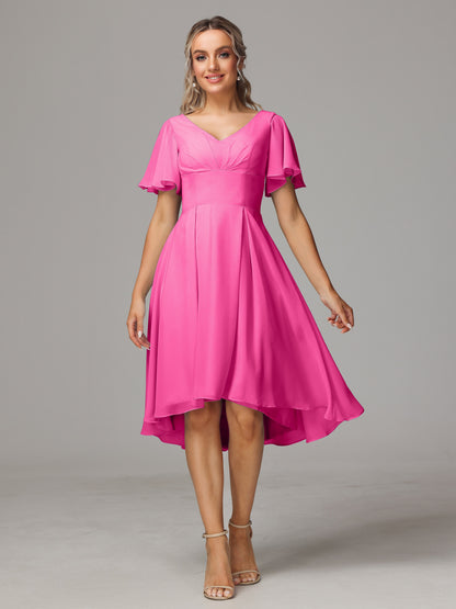 Short Sleeves V Neck Knee Length Chiffon Bridesmaid Dresses