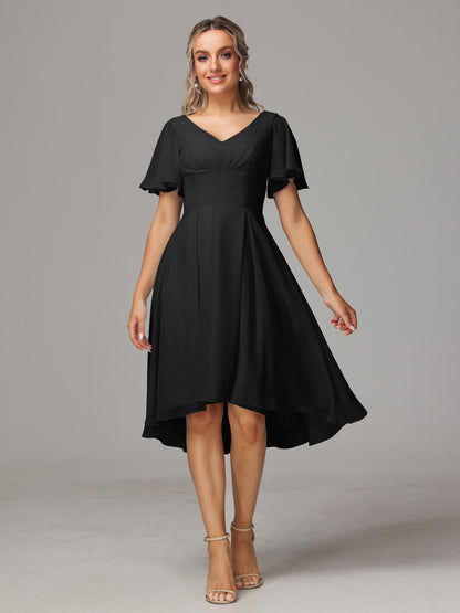 Short Sleeves V Neck Knee Length Chiffon Bridesmaid Dresses