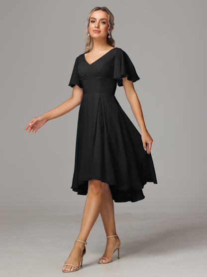 Short Sleeves V Neck Knee Length Chiffon Bridesmaid Dresses