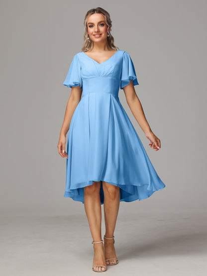Short Sleeves V Neck Knee Length Chiffon Bridesmaid Dresses