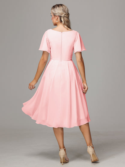 Short Sleeves V Neck Knee Length Chiffon Bridesmaid Dresses