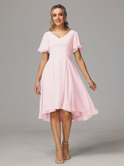 Short Sleeves V Neck Knee Length Chiffon Bridesmaid Dresses