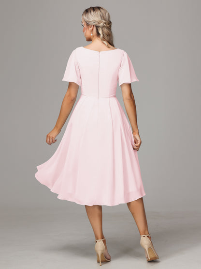Short Sleeves V Neck Knee Length Chiffon Bridesmaid Dresses