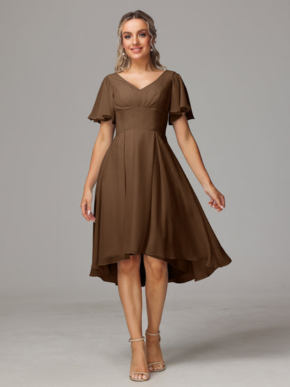 Short Sleeves V Neck Knee Length Chiffon Bridesmaid Dresses