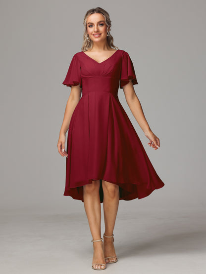 Short Sleeves V Neck Knee Length Chiffon Bridesmaid Dresses
