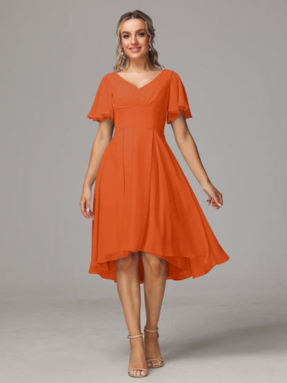 Short Sleeves V Neck Knee Length Chiffon Bridesmaid Dresses