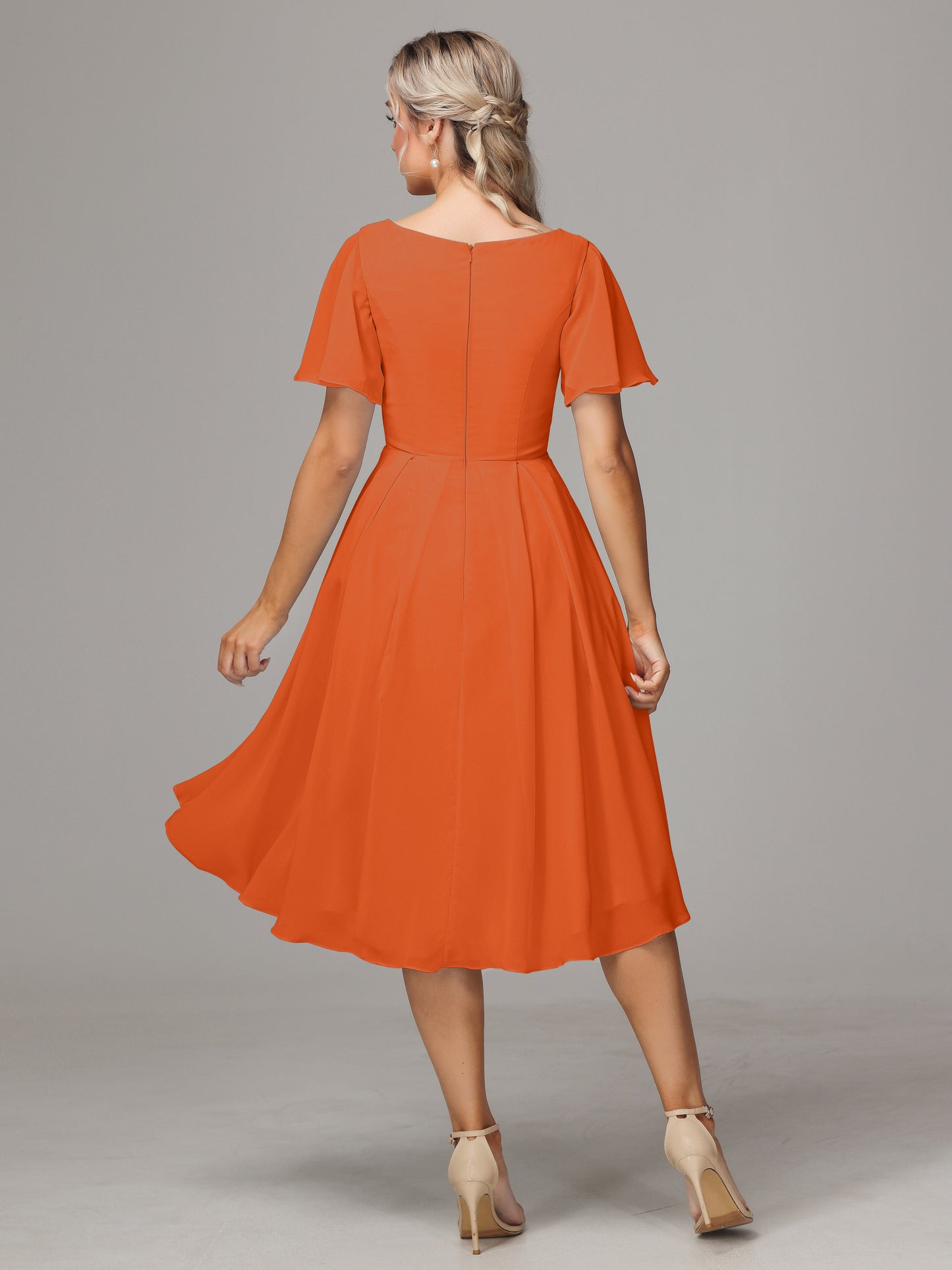 Short Sleeves V Neck Knee Length Chiffon Bridesmaid Dresses