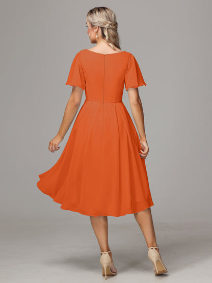 Short Sleeves V Neck Knee Length Chiffon Bridesmaid Dresses