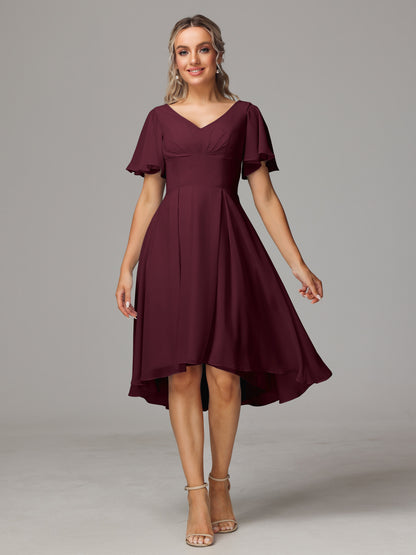 Short Sleeves V Neck Knee Length Chiffon Bridesmaid Dresses