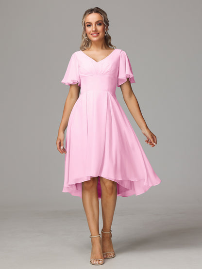 Short Sleeves V Neck Knee Length Chiffon Bridesmaid Dresses