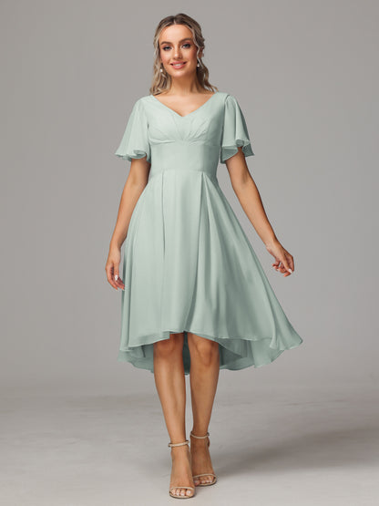 Short Sleeves V Neck Knee Length Chiffon Bridesmaid Dresses