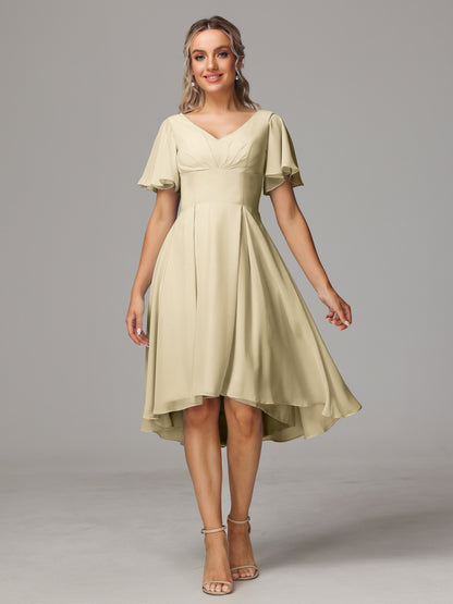 Short Sleeves V Neck Knee Length Chiffon Bridesmaid Dresses