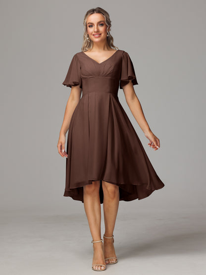 Short Sleeves V Neck Knee Length Chiffon Bridesmaid Dresses