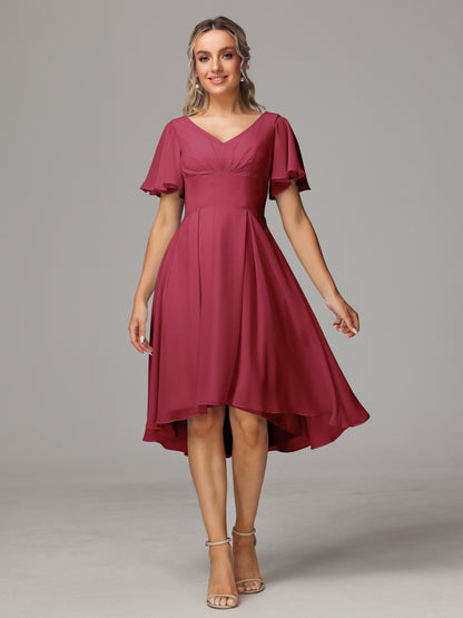 Short Sleeves V Neck Knee Length Chiffon Bridesmaid Dresses