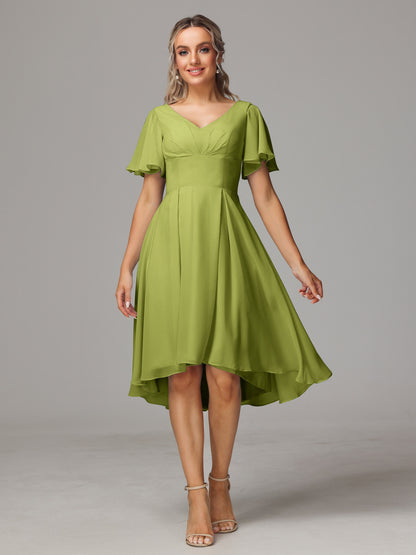 Short Sleeves V Neck Knee Length Chiffon Bridesmaid Dresses