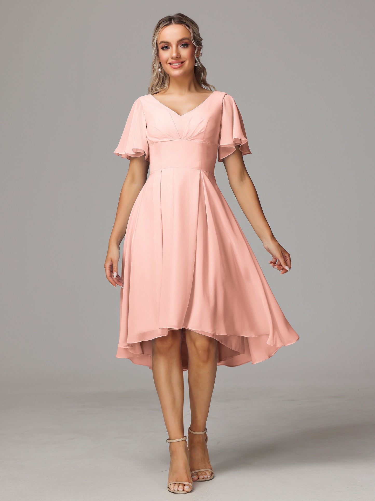 Short Sleeves V Neck Knee Length Chiffon Bridesmaid Dresses