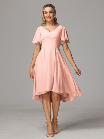 Short Sleeves V Neck Knee Length Chiffon Bridesmaid Dresses