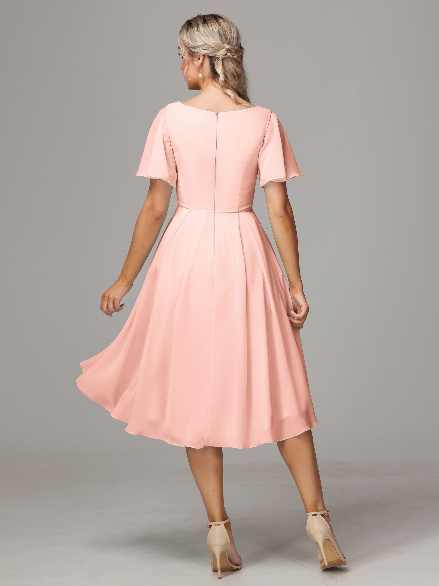 Short Sleeves V Neck Knee Length Chiffon Bridesmaid Dresses