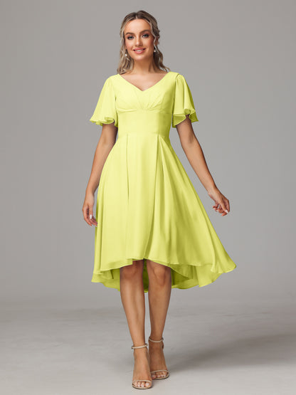Short Sleeves V Neck Knee Length Chiffon Bridesmaid Dresses
