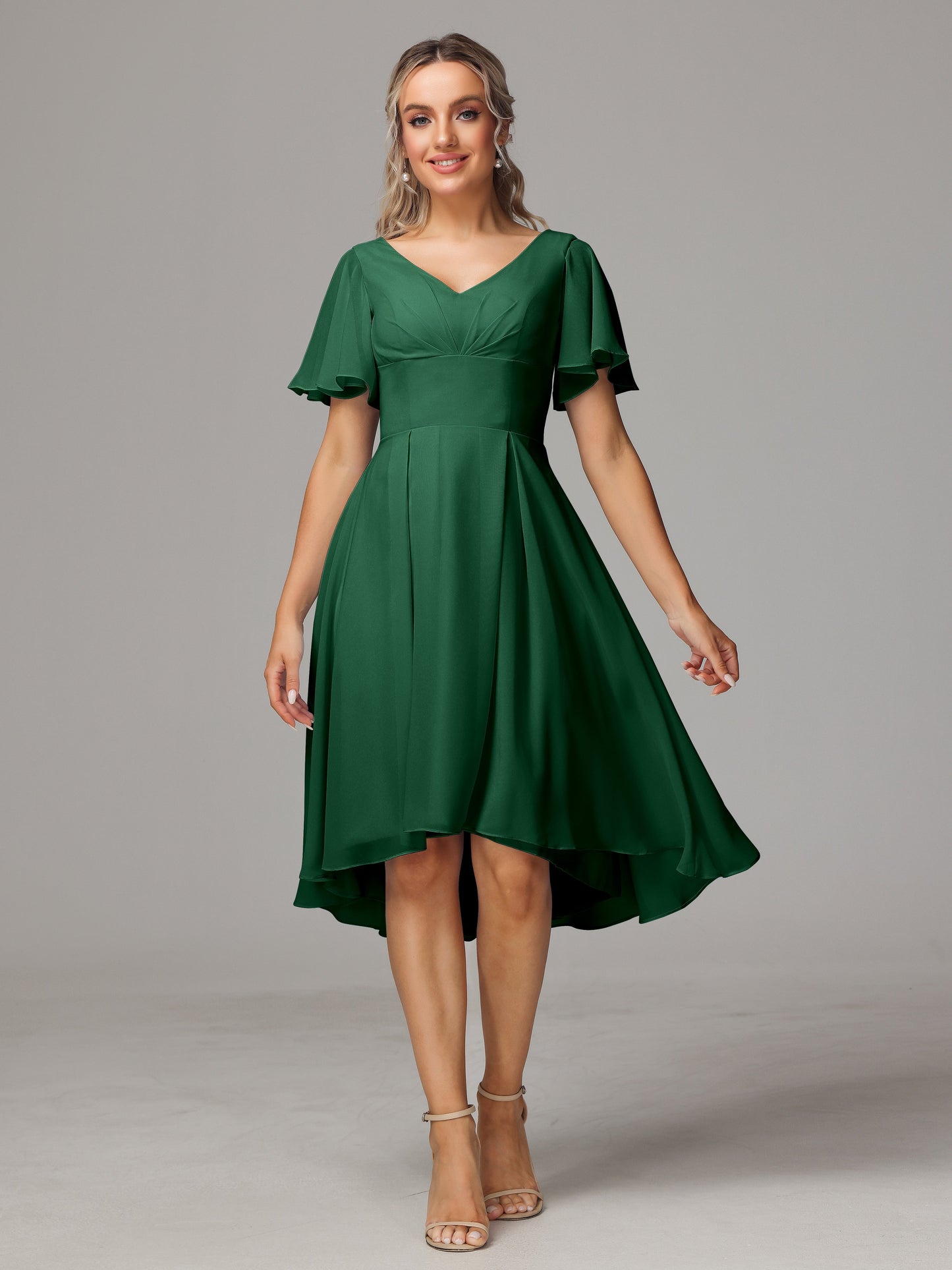 Short Sleeves V Neck Knee Length Chiffon Bridesmaid Dresses