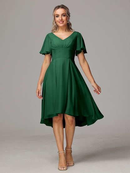 Short Sleeves V Neck Knee Length Chiffon Bridesmaid Dresses