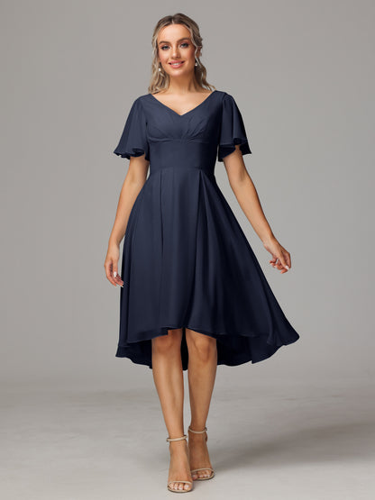 Short Sleeves V Neck Knee Length Chiffon Bridesmaid Dresses