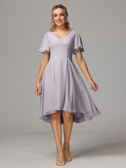 Short Sleeves V Neck Knee Length Chiffon Bridesmaid Dresses