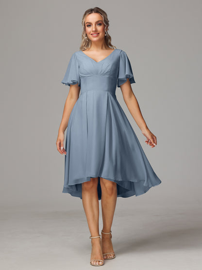 Short Sleeves V Neck Knee Length Chiffon Bridesmaid Dresses