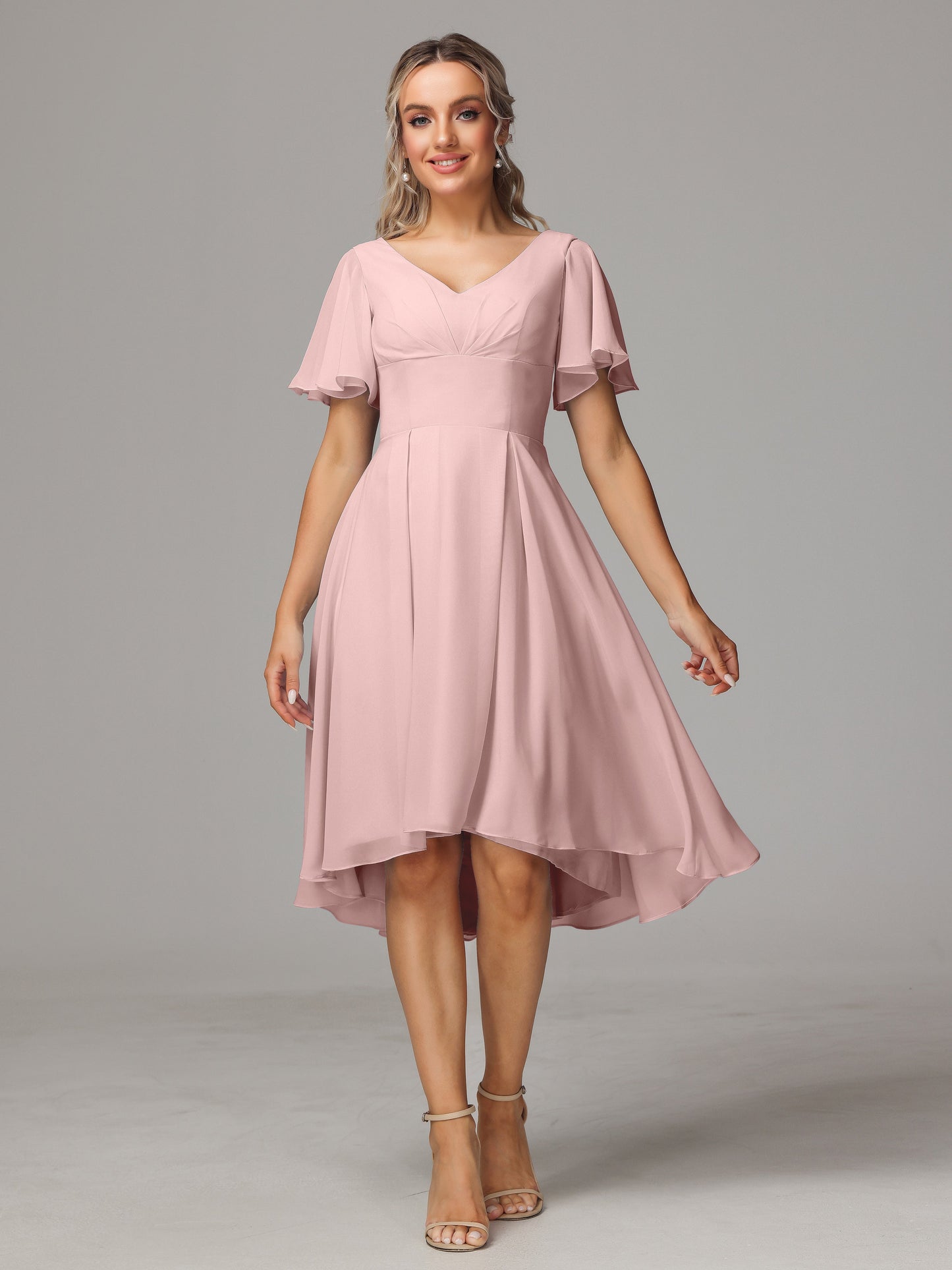 Short Sleeves V Neck Knee Length Chiffon Bridesmaid Dresses