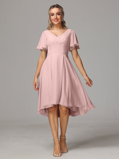 Short Sleeves V Neck Knee Length Chiffon Bridesmaid Dresses